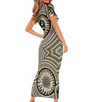 Collingwood Football Club Family Matching Short Sleeve Bodycon Dress and Hawaiian Shirt Indigenous Monochrome Dot Art Mascot Style