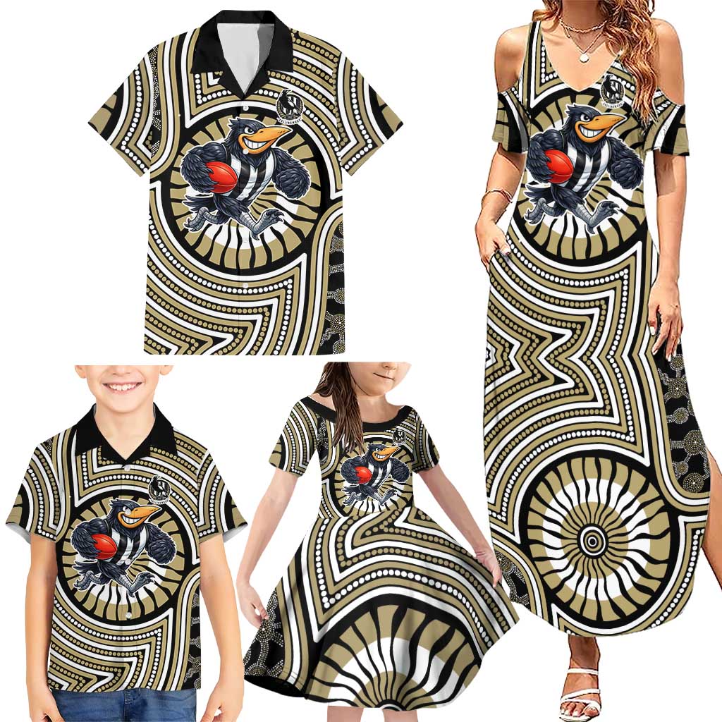 Collingwood Football Club Family Matching Summer Maxi Dress and Hawaiian Shirt Indigenous Monochrome Dot Art Mascot Style