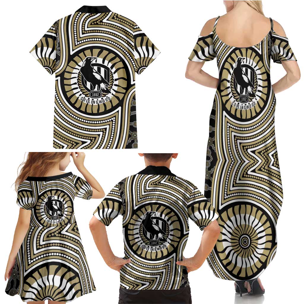 Collingwood Football Club Family Matching Summer Maxi Dress and Hawaiian Shirt Indigenous Monochrome Dot Art Mascot Style