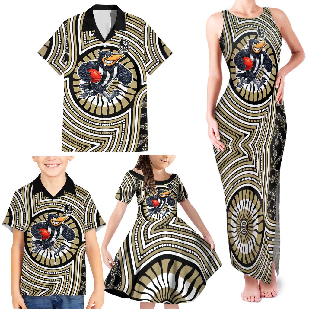 Collingwood Football Club Family Matching Tank Maxi Dress and Hawaiian Shirt Indigenous Monochrome Dot Art Mascot Style