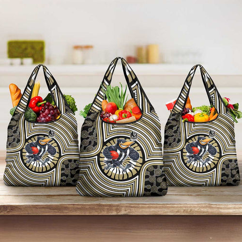 Collingwood Football Club Grocery Bag Indigenous Monochrome Dot Art Mascot Style