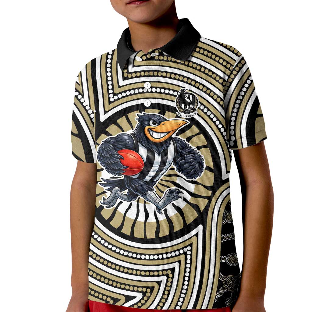 Collingwood Football Club Kid Polo Shirt Indigenous Monochrome Dot Art Mascot Style