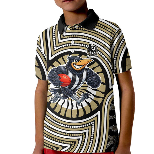 Collingwood Football Club Kid Polo Shirt Indigenous Monochrome Dot Art Mascot Style