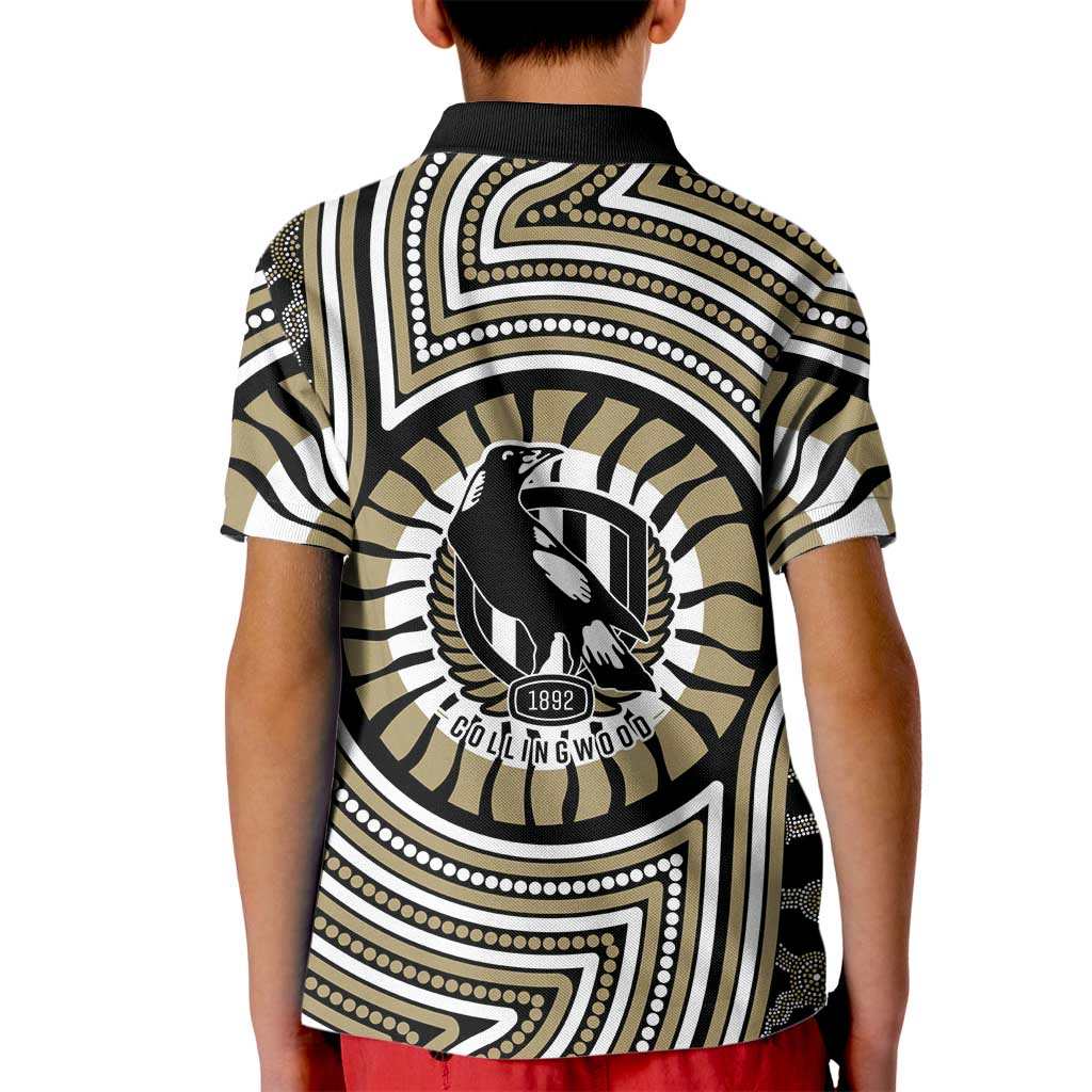 Collingwood Football Club Kid Polo Shirt Indigenous Monochrome Dot Art Mascot Style