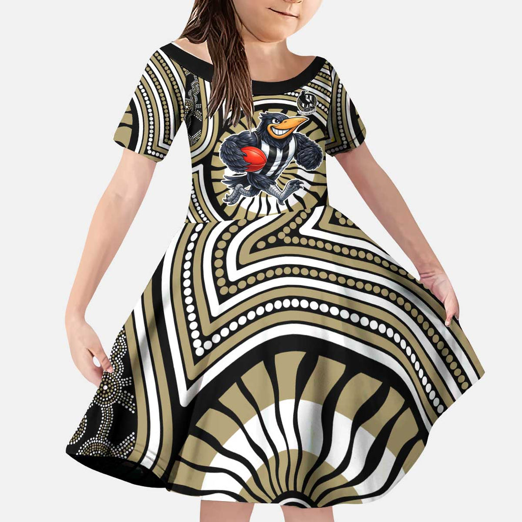 Collingwood Football Club Kid Short Sleeve Dress Indigenous Monochrome Dot Art Mascot Style