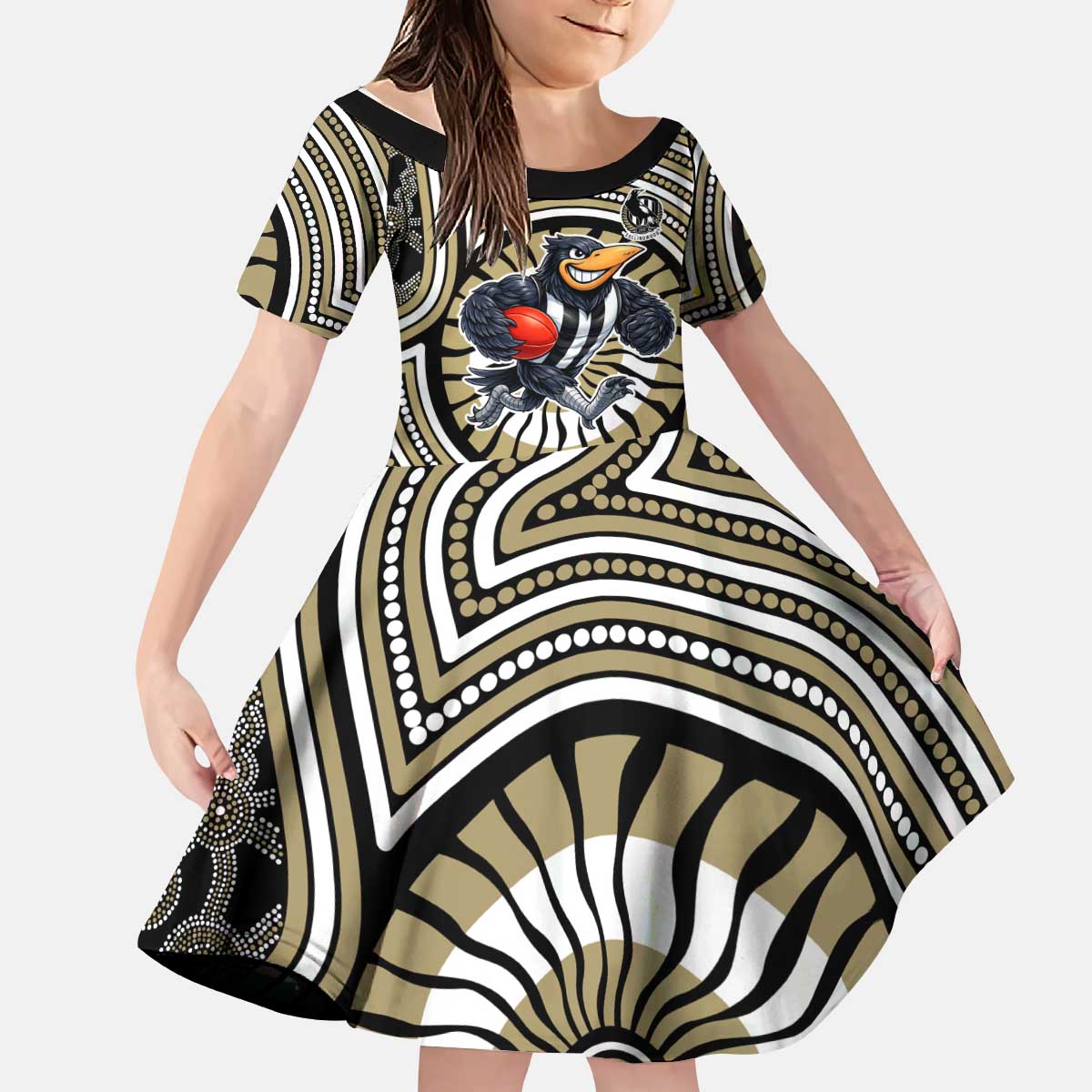 Collingwood Football Club Kid Short Sleeve Dress Indigenous Monochrome Dot Art Mascot Style