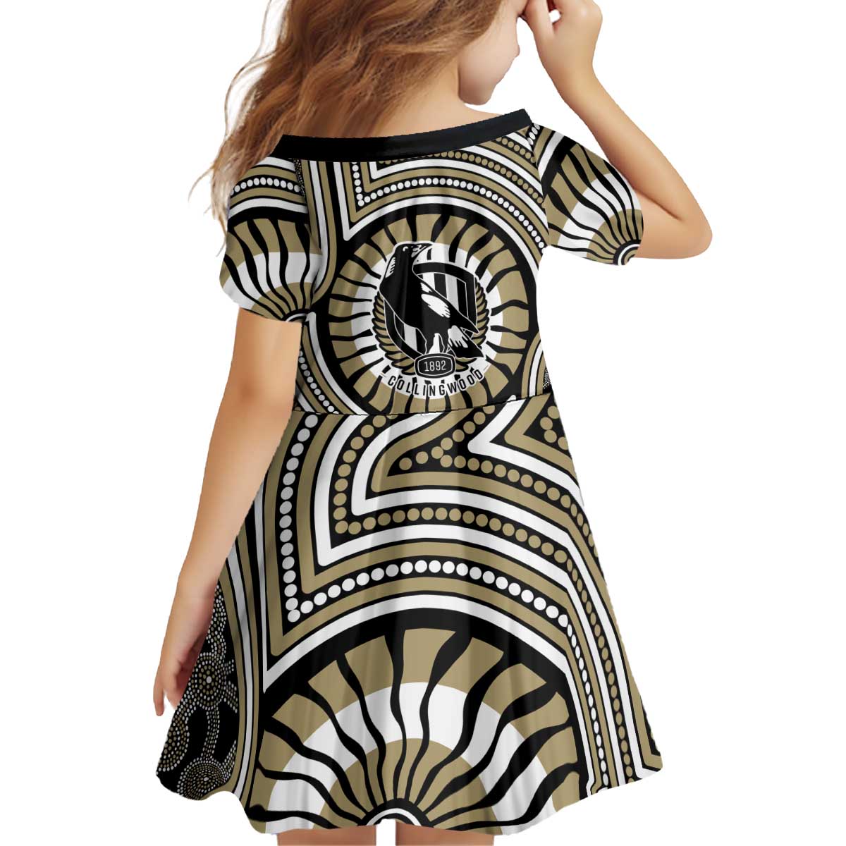 Collingwood Football Club Kid Short Sleeve Dress Indigenous Monochrome Dot Art Mascot Style