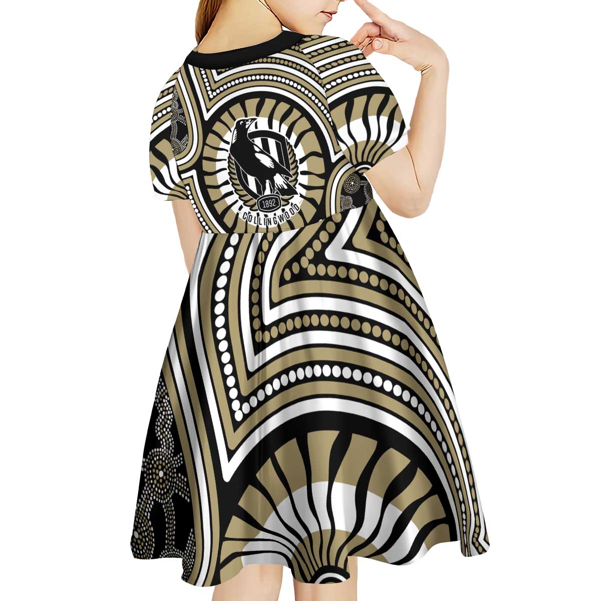 Collingwood Football Club Kid Short Sleeve Dress Indigenous Monochrome Dot Art Mascot Style