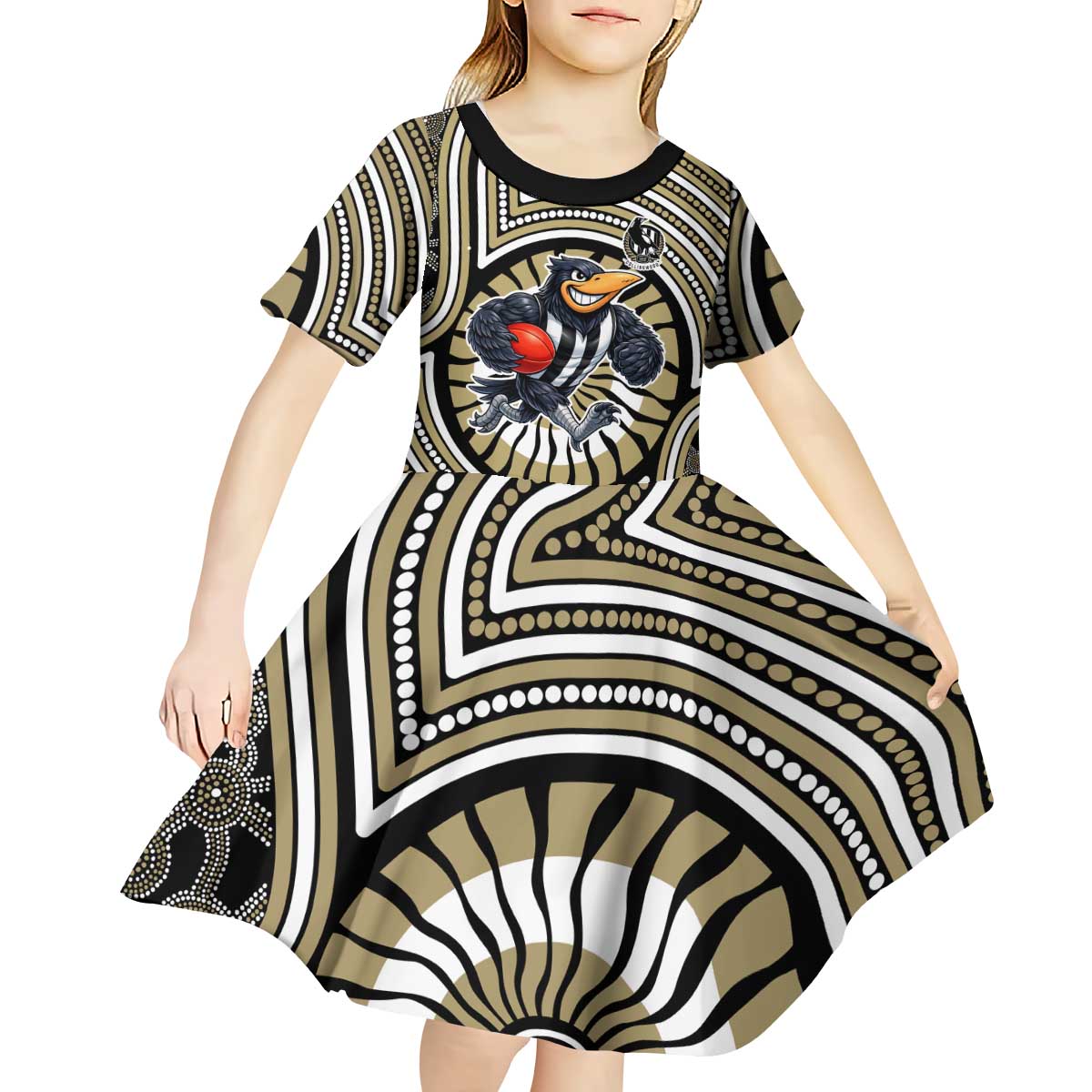 Collingwood Football Club Kid Short Sleeve Dress Indigenous Monochrome Dot Art Mascot Style