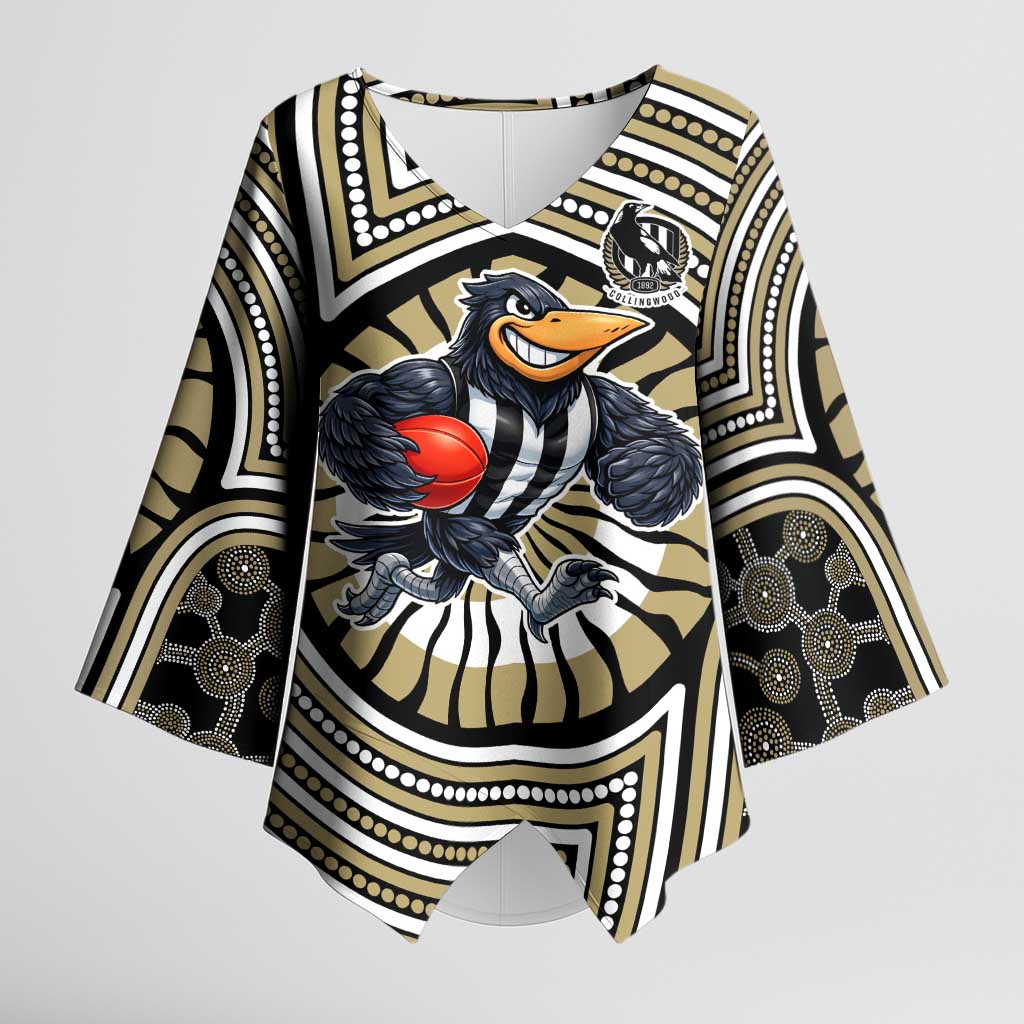 Collingwood Football Club Kimono Sleeve Blouse Indigenous Monochrome Dot Art Mascot Style