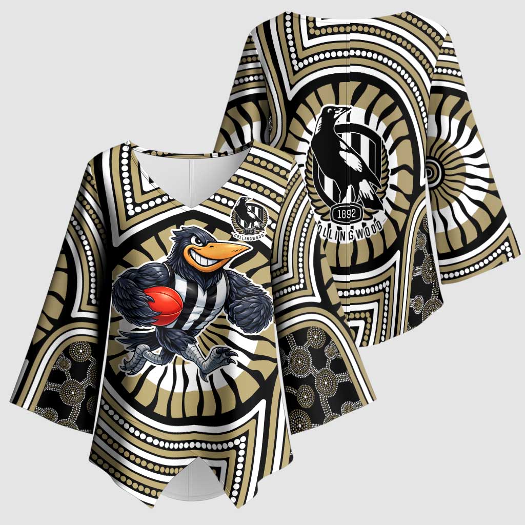 Collingwood Football Club Kimono Sleeve Blouse Indigenous Monochrome Dot Art Mascot Style