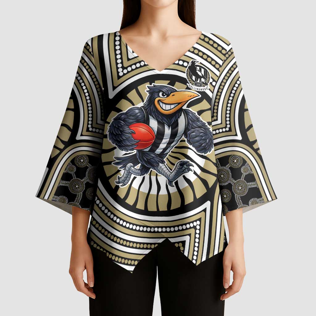 Collingwood Football Club Kimono Sleeve Blouse Indigenous Monochrome Dot Art Mascot Style