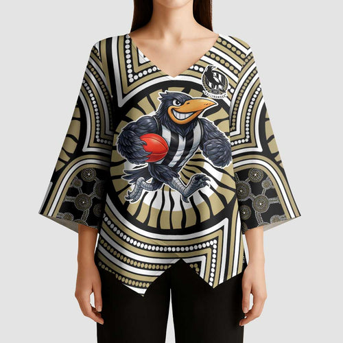 Collingwood Football Club Kimono Sleeve Blouse Indigenous Monochrome Dot Art Mascot Style