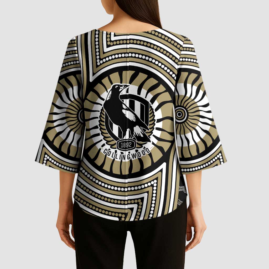Collingwood Football Club Kimono Sleeve Blouse Indigenous Monochrome Dot Art Mascot Style