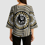 Collingwood Football Club Kimono Sleeve Blouse Indigenous Monochrome Dot Art Mascot Style