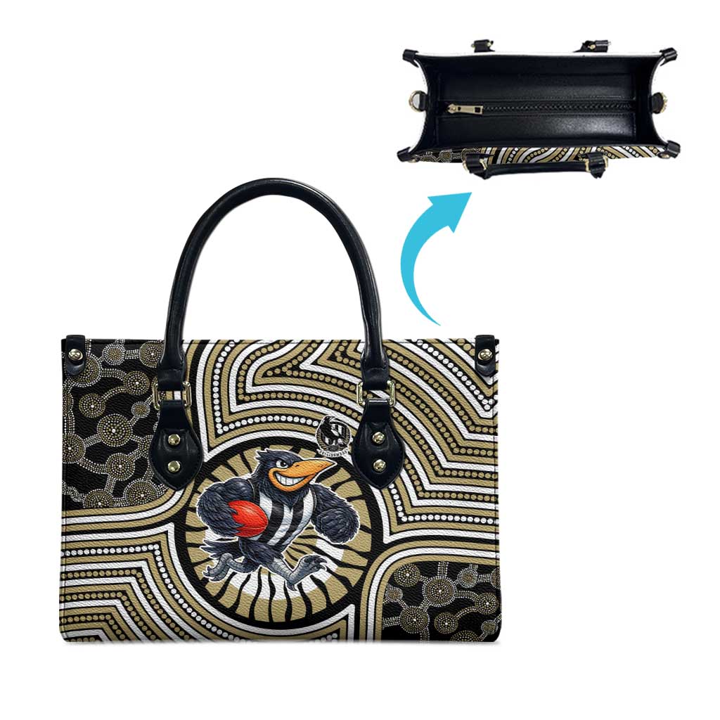 Collingwood Football Club Leather Bag Indigenous Monochrome Dot Art Mascot Style