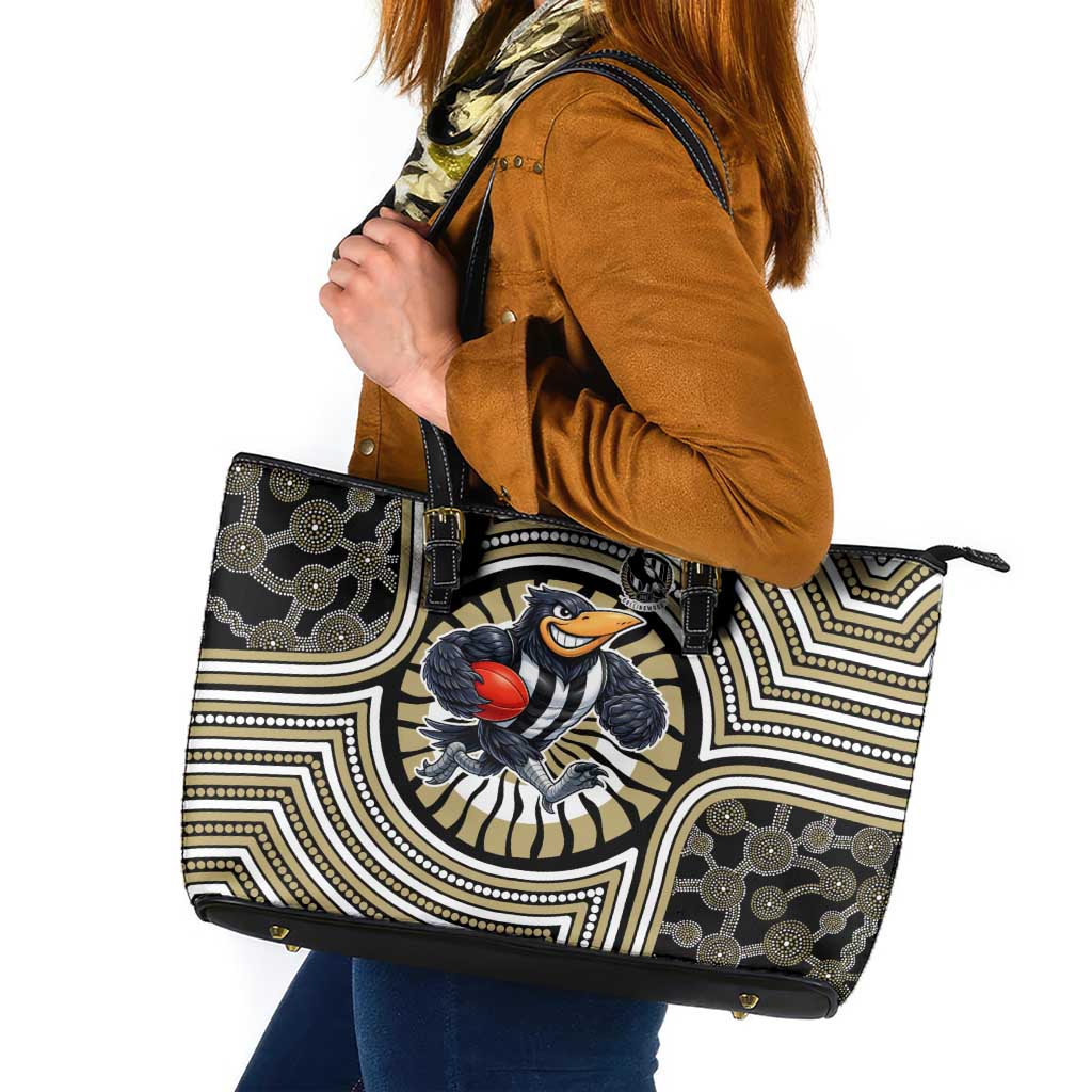 Collingwood Football Club Leather Tote Bag Indigenous Monochrome Dot Art Mascot Style