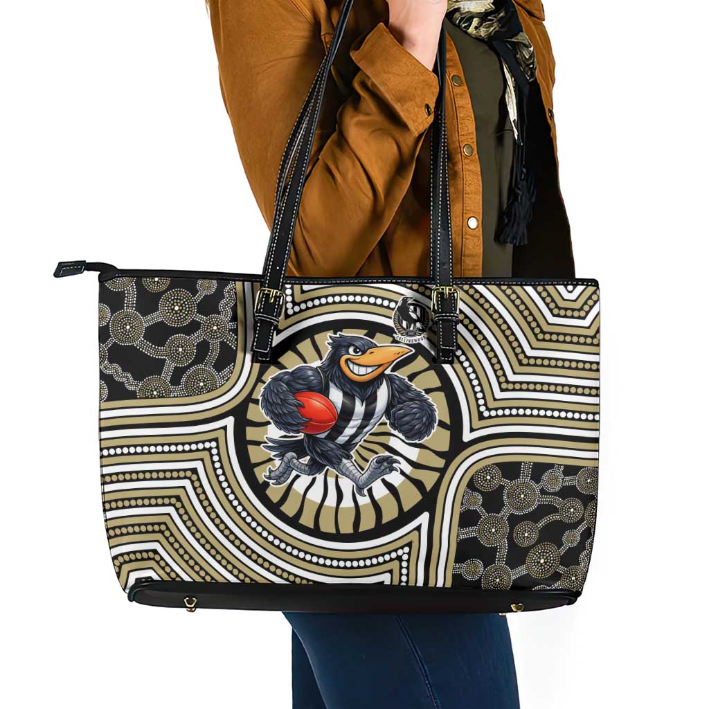 Collingwood Football Club Leather Tote Bag Indigenous Monochrome Dot Art Mascot Style