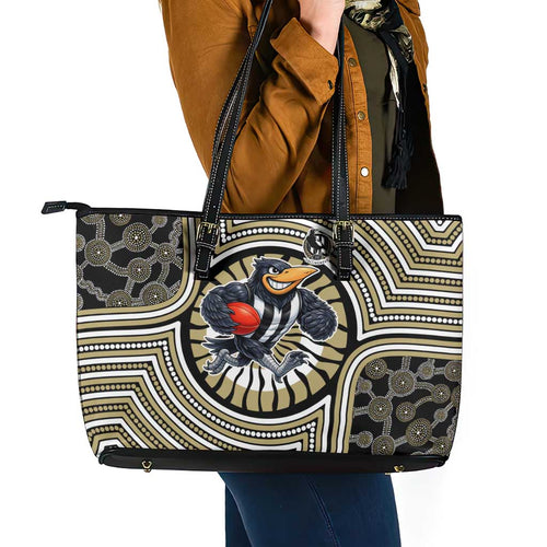 Collingwood Football Club Leather Tote Bag Indigenous Monochrome Dot Art Mascot Style