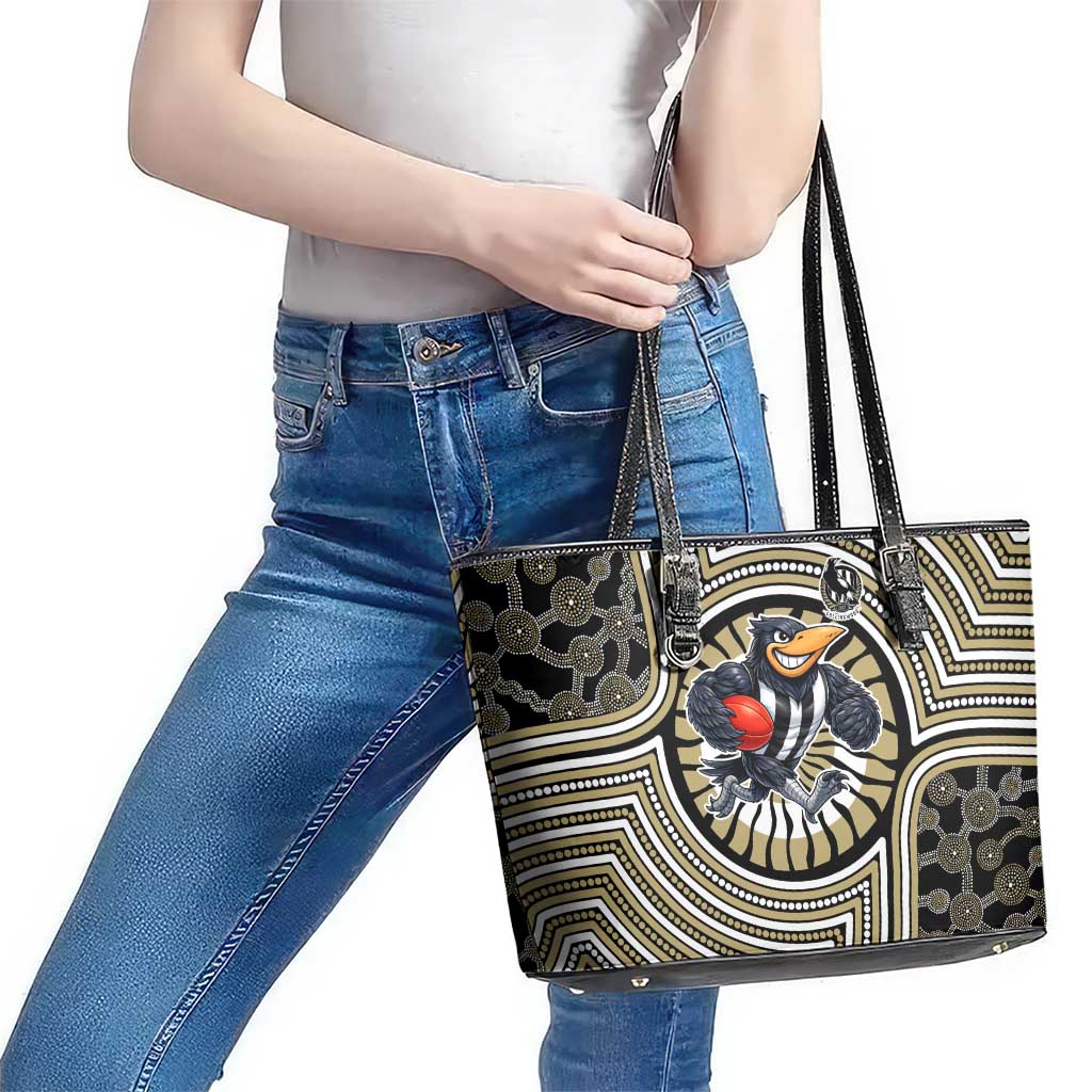 Collingwood Football Club Leather Tote Bag Indigenous Monochrome Dot Art Mascot Style