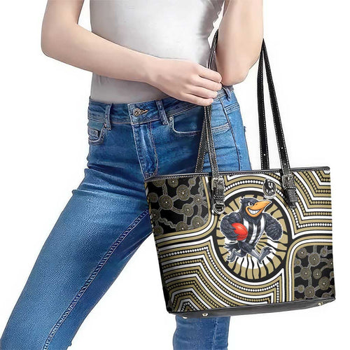 Collingwood Football Club Leather Tote Bag Indigenous Monochrome Dot Art Mascot Style