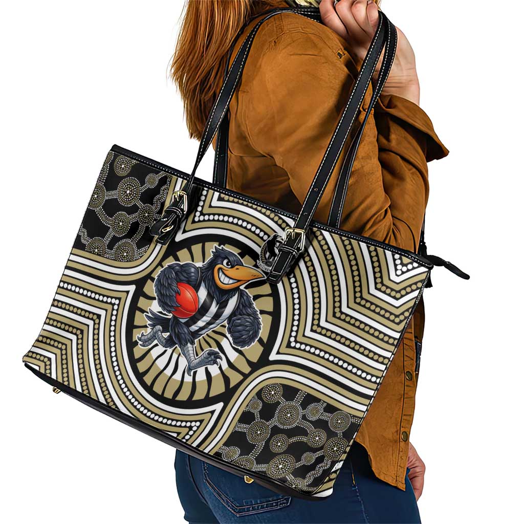 Collingwood Football Club Leather Tote Bag Indigenous Monochrome Dot Art Mascot Style
