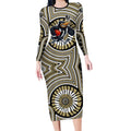 Collingwood Football Club Long Sleeve Bodycon Dress Indigenous Monochrome Dot Art Mascot Style