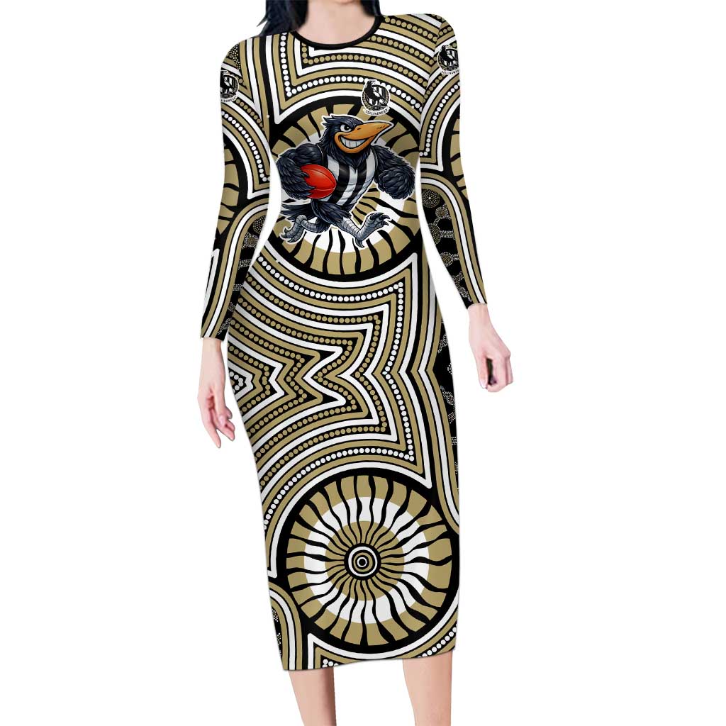 Collingwood Football Club Long Sleeve Bodycon Dress Indigenous Monochrome Dot Art Mascot Style