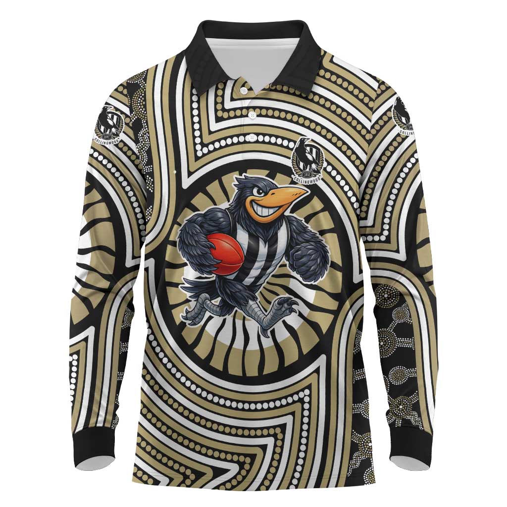 Collingwood Football Club Long Sleeve Polo Shirt Indigenous Monochrome Dot Art Mascot Style
