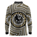 Collingwood Football Club Long Sleeve Polo Shirt Indigenous Monochrome Dot Art Mascot Style