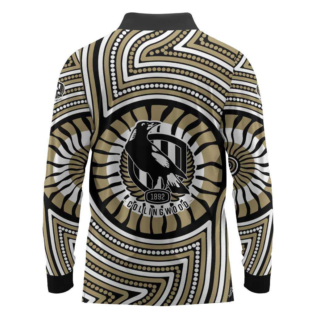 Collingwood Football Club Long Sleeve Polo Shirt Indigenous Monochrome Dot Art Mascot Style