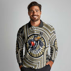 Collingwood Football Club Long Sleeve Polo Shirt Indigenous Monochrome Dot Art Mascot Style