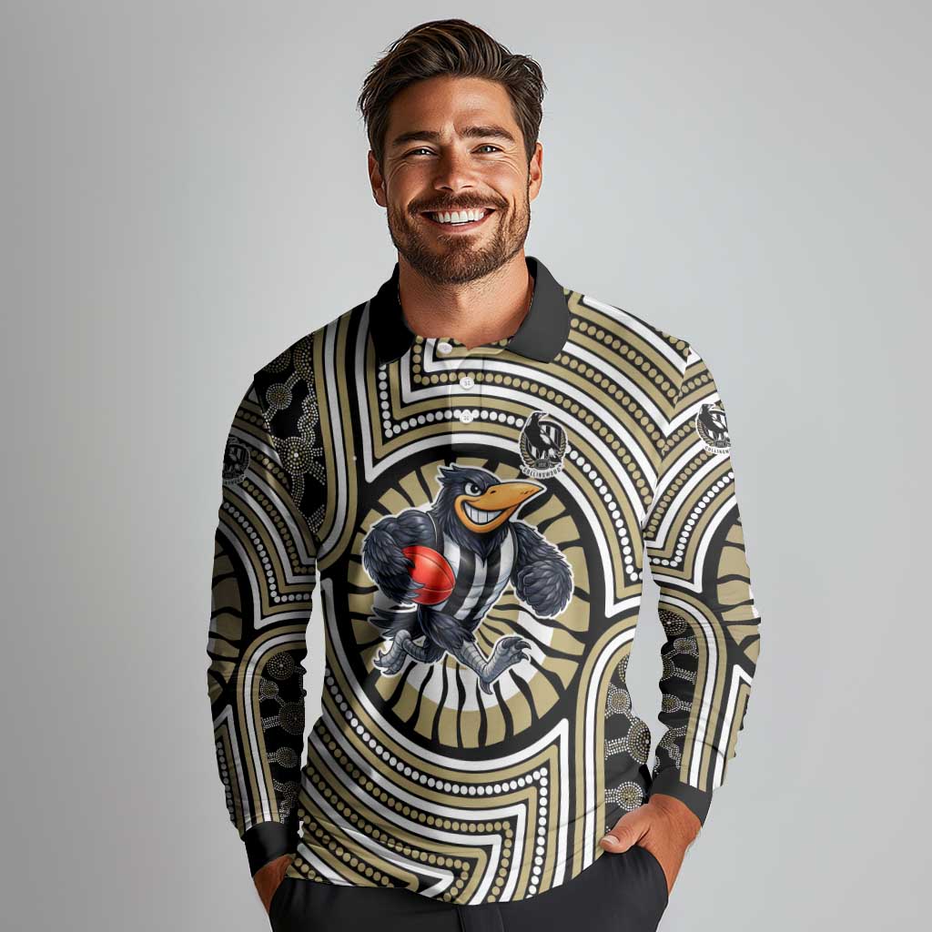 Collingwood Football Club Long Sleeve Polo Shirt Indigenous Monochrome Dot Art Mascot Style