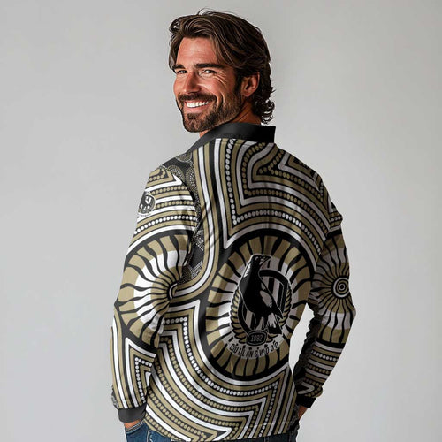 Collingwood Football Club Long Sleeve Polo Shirt Indigenous Monochrome Dot Art Mascot Style