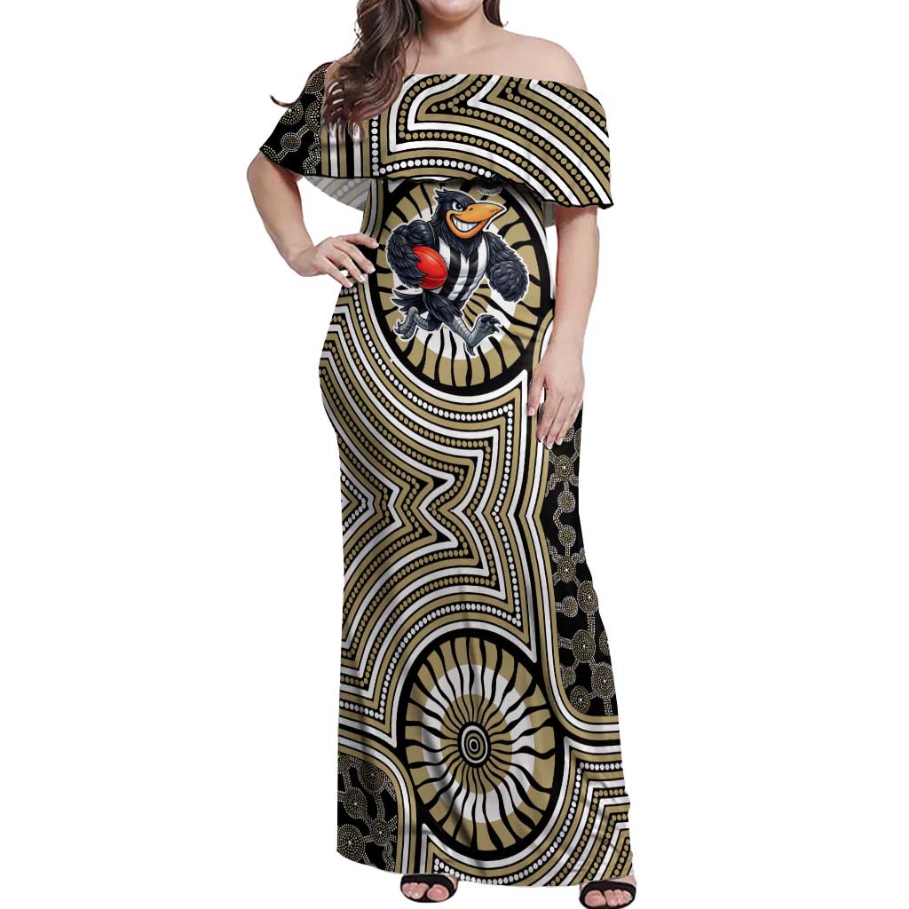 Collingwood Football Club Off Shoulder Maxi Dress Indigenous Monochrome Dot Art Mascot Style