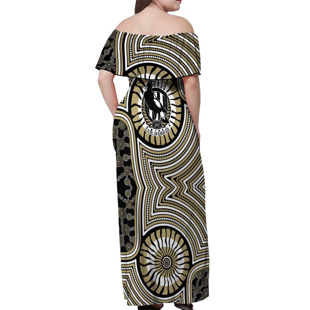 Collingwood Football Club Off Shoulder Maxi Dress Indigenous Monochrome Dot Art Mascot Style