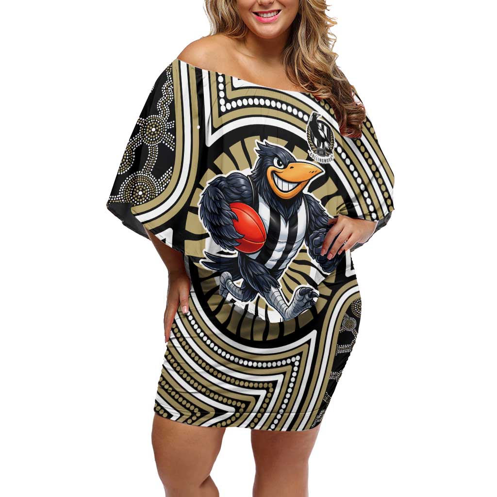 Collingwood Football Club Off Shoulder Short Dress Indigenous Monochrome Dot Art Mascot Style
