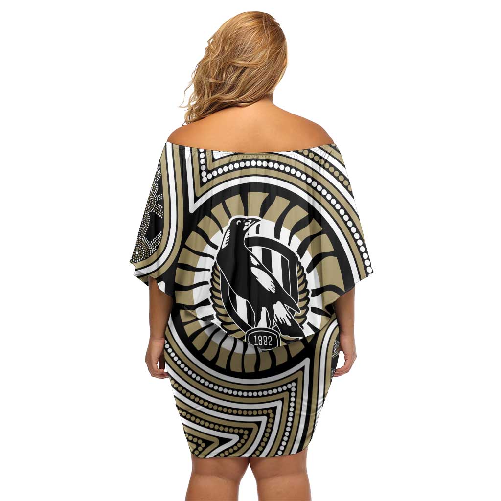 Collingwood Football Club Off Shoulder Short Dress Indigenous Monochrome Dot Art Mascot Style