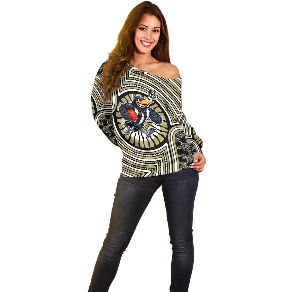 Collingwood Football Club Off Shoulder Sweater Indigenous Monochrome Dot Art Mascot Style