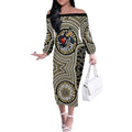 Collingwood Football Club Off The Shoulder Long Sleeve Dress Indigenous Monochrome Dot Art Mascot Style