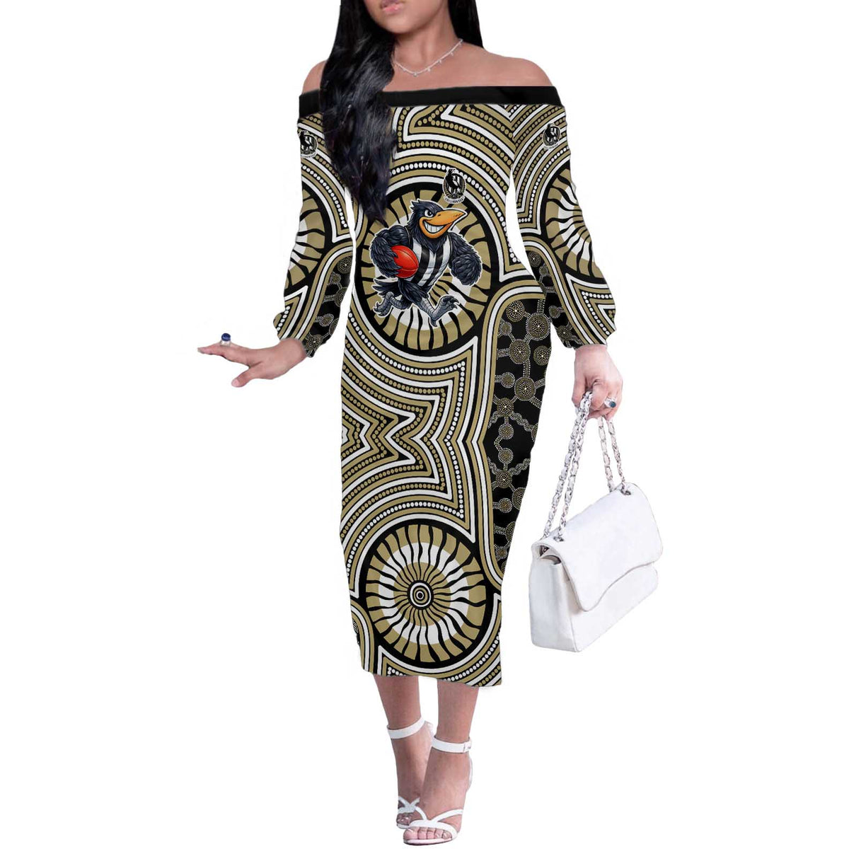 Collingwood Football Club Off The Shoulder Long Sleeve Dress Indigenous Monochrome Dot Art Mascot Style