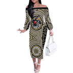 Collingwood Football Club Off The Shoulder Long Sleeve Dress Indigenous Monochrome Dot Art Mascot Style