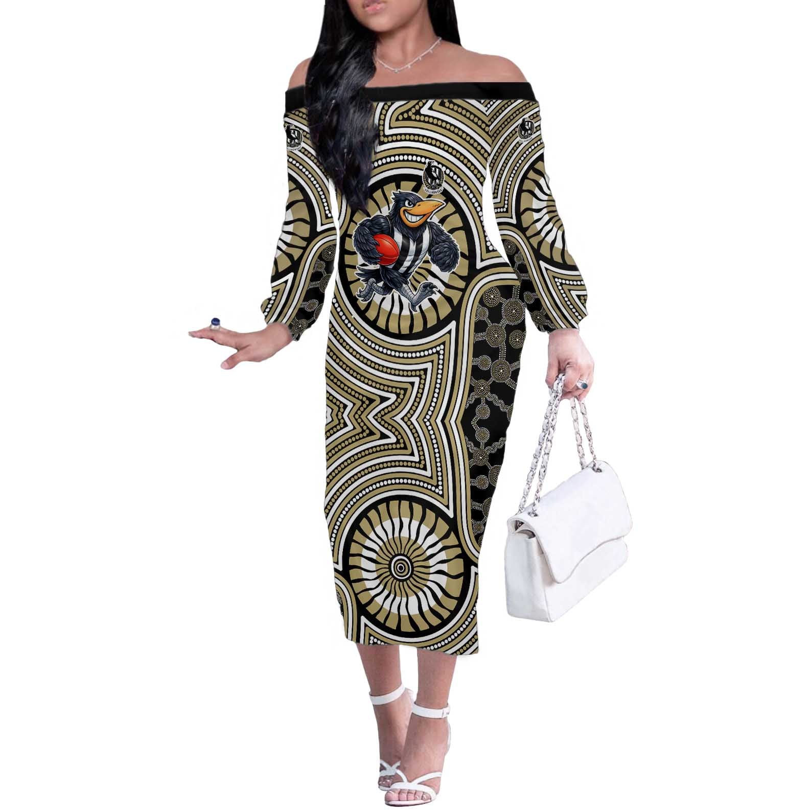 Collingwood Football Club Off The Shoulder Long Sleeve Dress Indigenous Monochrome Dot Art Mascot Style