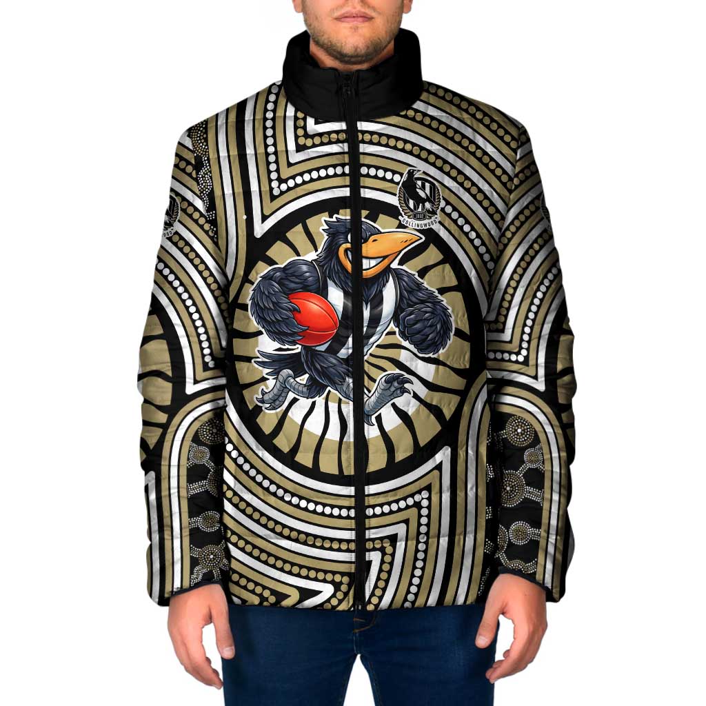 Collingwood Football Club Padded Jacket Indigenous Monochrome Dot Art Mascot Style