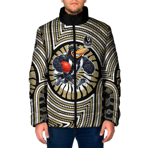 Collingwood Football Club Padded Jacket Indigenous Monochrome Dot Art Mascot Style