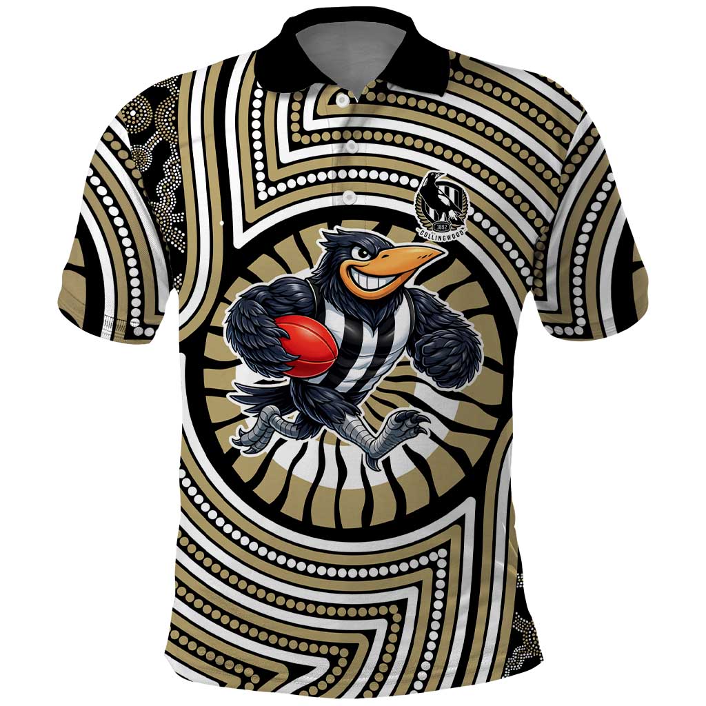 Collingwood Football Club Polo Shirt Indigenous Monochrome Dot Art Mascot Style