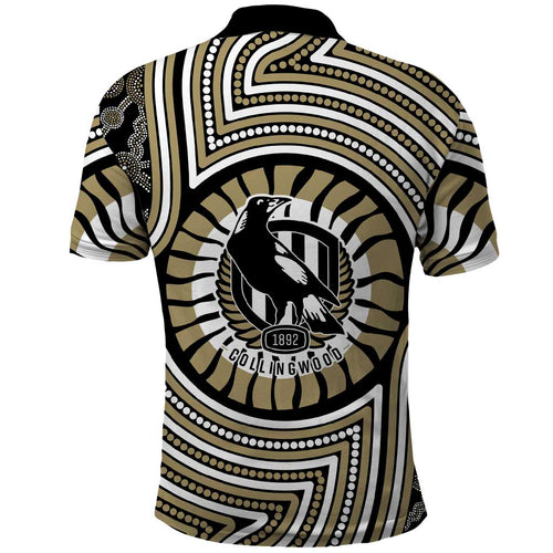 Collingwood Football Club Polo Shirt Indigenous Monochrome Dot Art Mascot Style