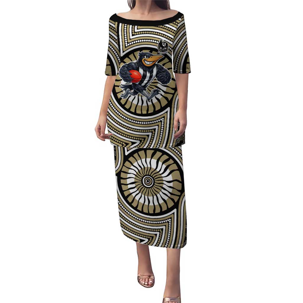 Collingwood Football Club Puletasi Indigenous Monochrome Dot Art Mascot Style