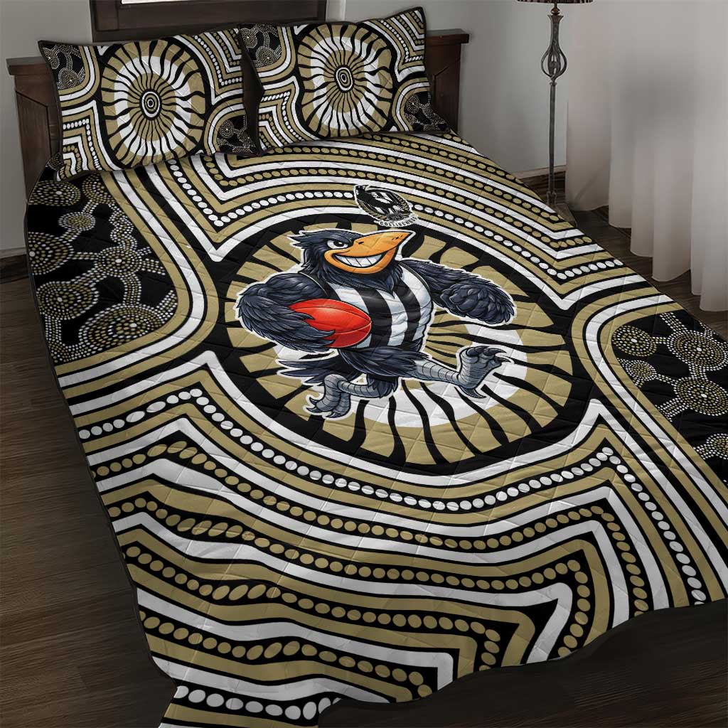 Collingwood Football Club Quilt Bed Set Indigenous Monochrome Dot Art Mascot Style
