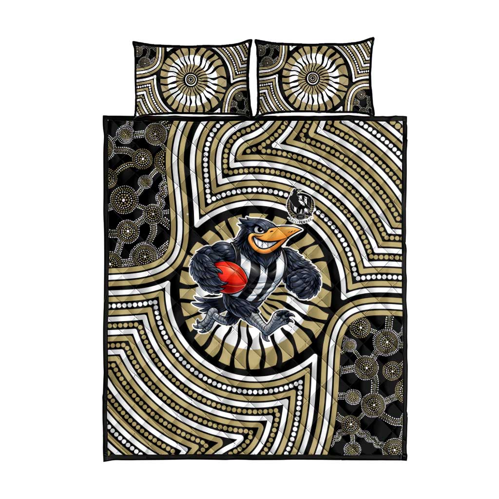 Collingwood Football Club Quilt Bed Set Indigenous Monochrome Dot Art Mascot Style